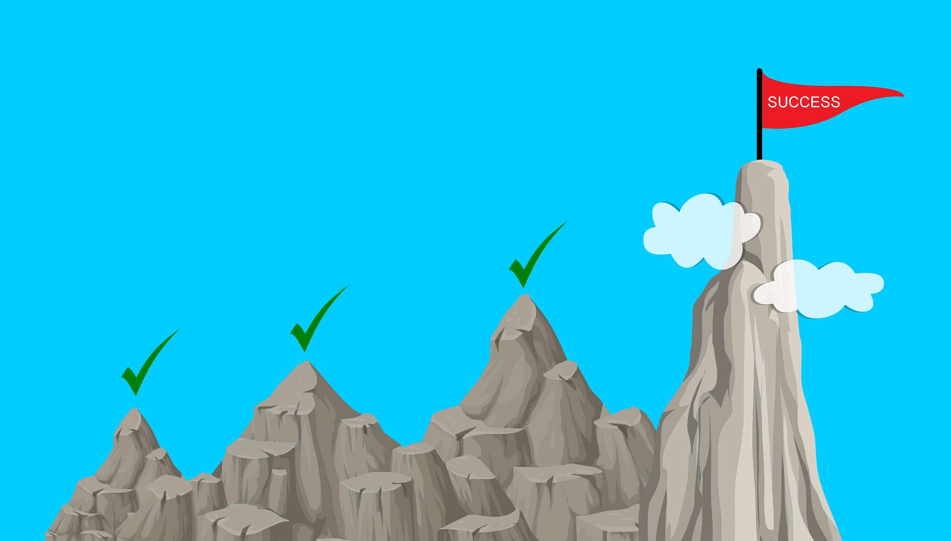 series of growing mountains with "Success" at the top of the highest peak