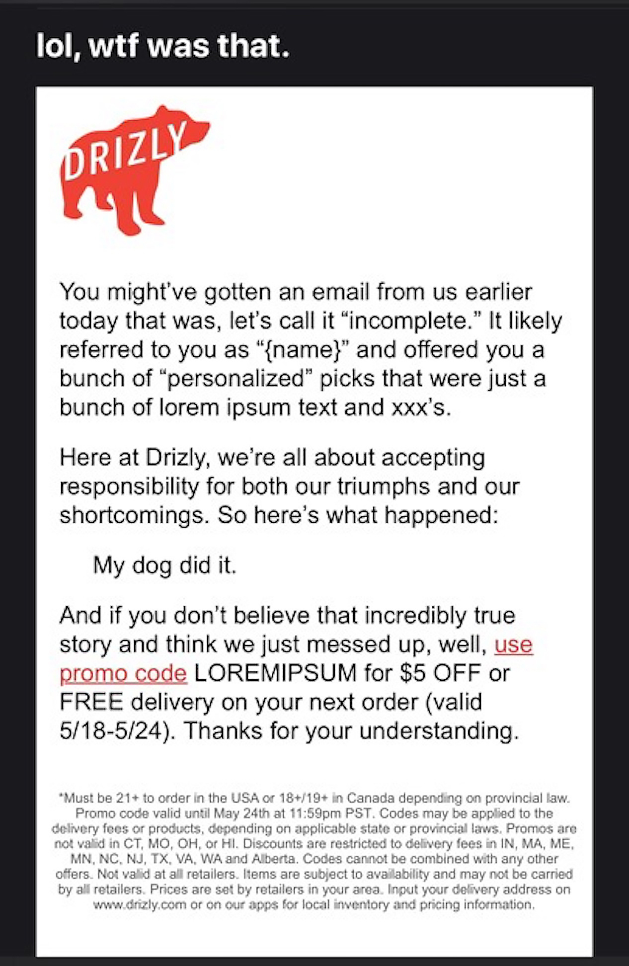 Drizly response email to error