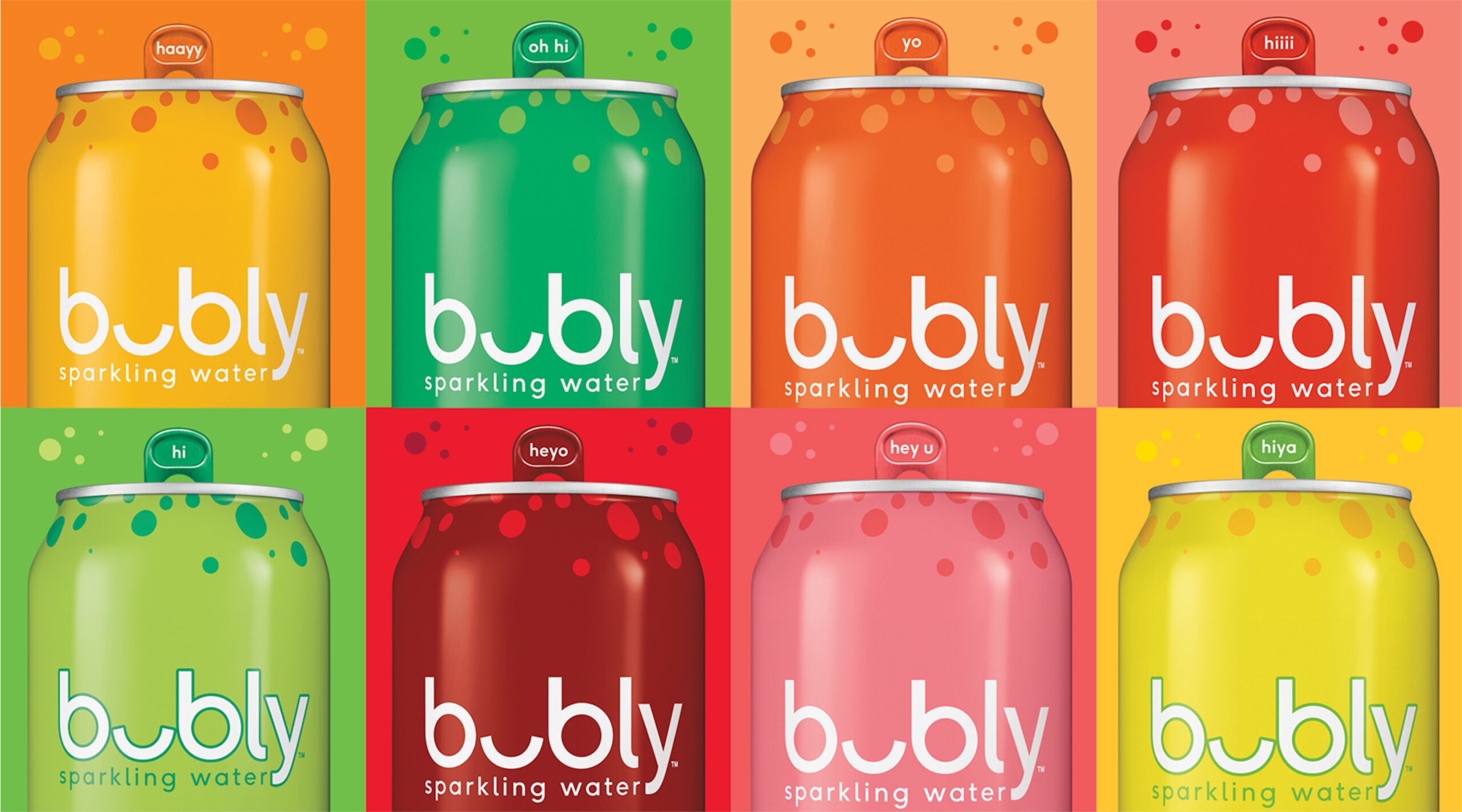 Eight different colored cans of bubly seltzer water. The company employs smart packaging to create an experience for customers when they open the pull tab.