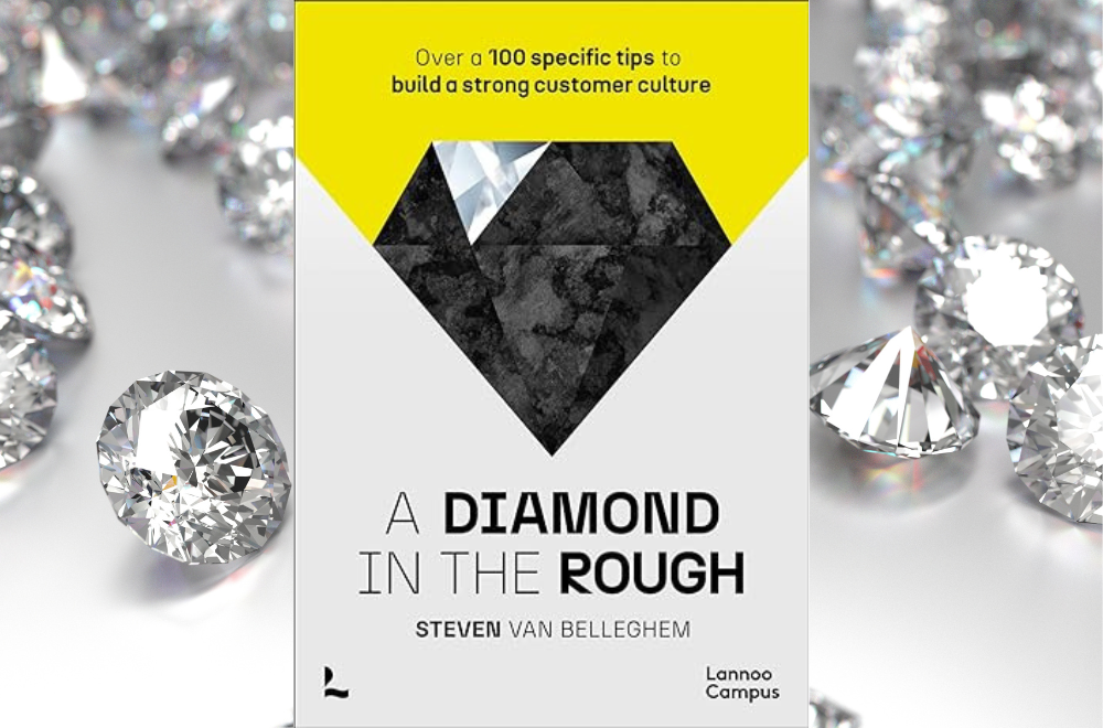 The cover of A Diamond in the Rough, a new book on customer culture by Steven Van Belleghem, surrounded by diamonds.
