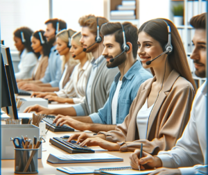 Customer service agents with headsets in a line of desks