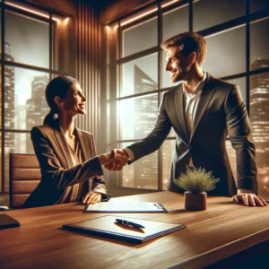 Two drawn characters - a man and a woman - shake hands in front of a desk.