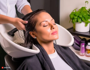 A relaxed-looking woman with long brown hair enjoys a shampoo at a salon. The salon customer experience is key to business success.